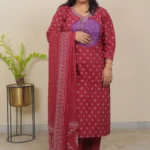 Three-piece ethnic set maroon straight-cut kurta