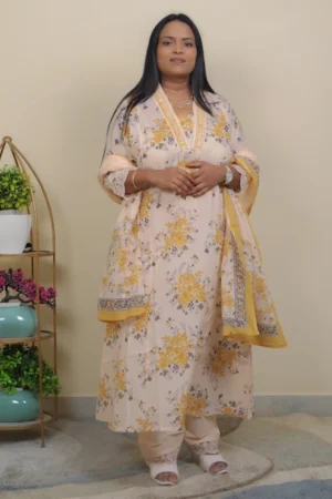 vibrant yellow floral bouquets three-piece Anarkali suit