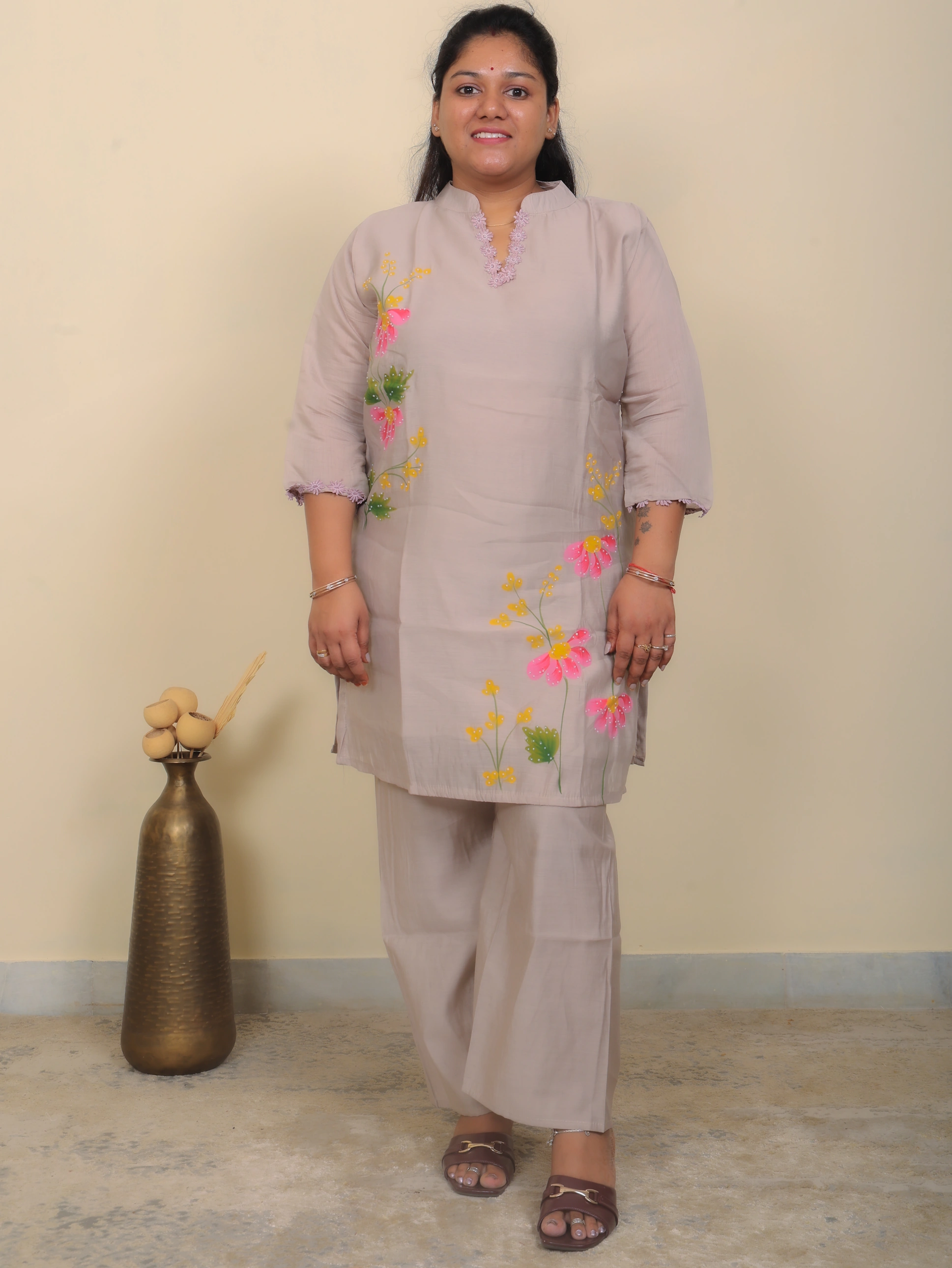 Two-piece beige tone hand painted co-ord set