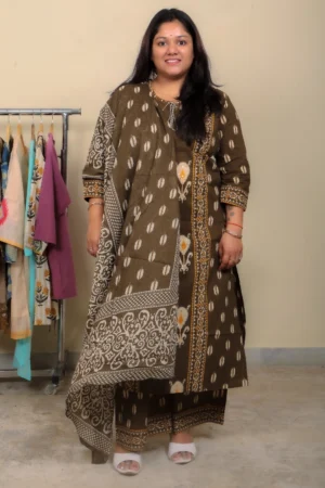 olive brown straight-cut 3 piece kurta