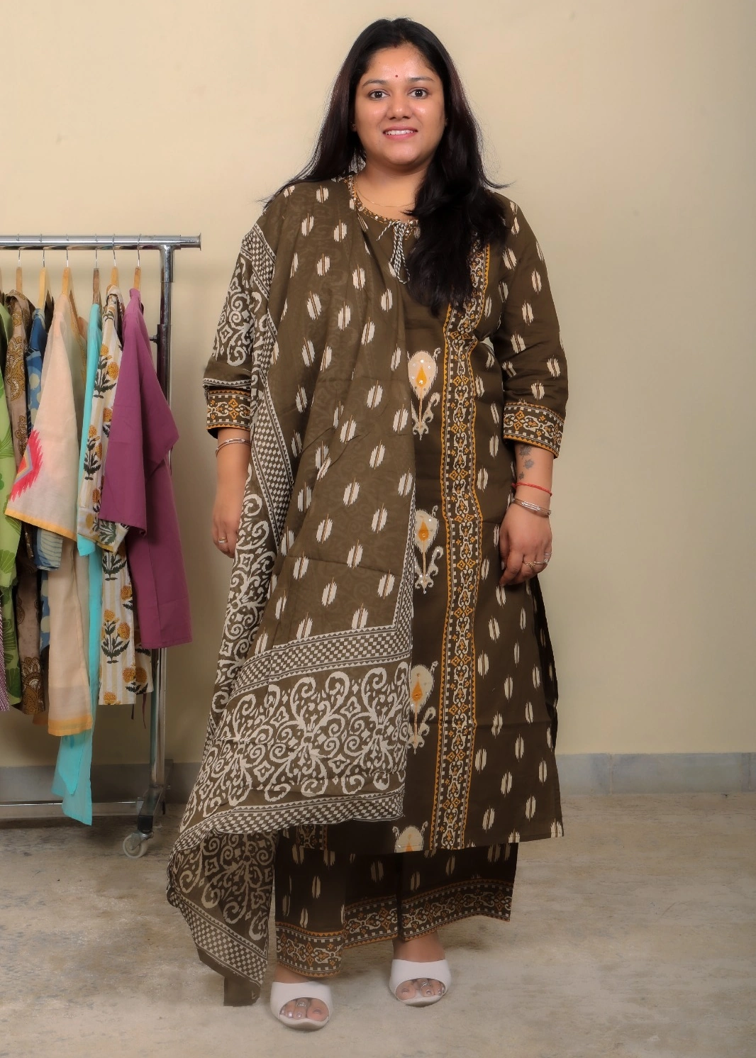 olive brown straight-cut 3 piece kurta